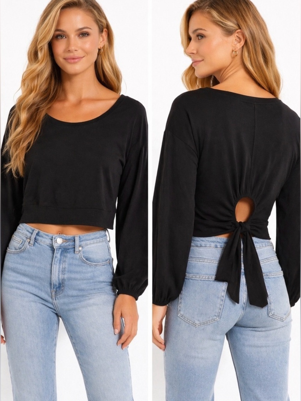 We The Free Black Open Back Tie Top Balloon Sleeve Cropped Size L